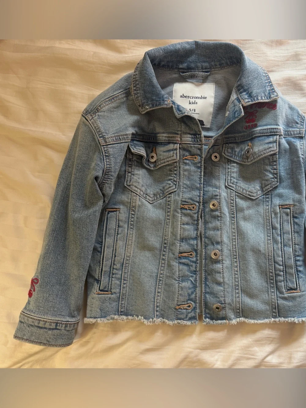 abercrombie kids Light Blue Denim Jean Jacket with Pink Embroidery